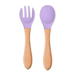 2Pcs Baby Silicone Spoon Fork Wooden Handle Cutlery Set Baby Food Feeding Spoon Candy Color Soft Silicone Cutlery