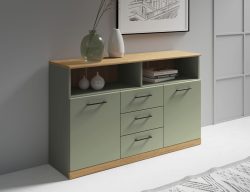 Home affaire Sideboard »Ribe,130cm breit,80cm hoch,Türen und Schubladen,6 Fächer«, Oberplatte Eiche massiv,schwarze Metall Griffe