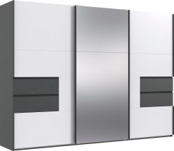 MID.YOU Schwebetürenschrank in graphitfarben, weiss , Palermo , Metall , 6 Fächer , 4 Schubladen , 300x216x65 cm , Dekorfolie,Dekorfolie,Nachbildung,Nachbildung , 001787084102
