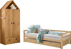 Lüttenhütt Jugendzimmer-Set »Alpi«, (Spar-Set, 2 St.), Daybed mit 2. Liegefläche + Kleiderschrank in Hausoptik, platzsparend