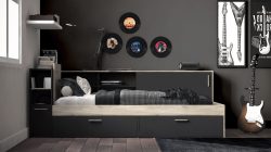 Kombi-Bett mit Stauraum - 90 x 190200 cm - Schwarz & Holzfarben - LIARA Kombi-Bett mit Stauraum - 90 x 190200 cm - Schwarz & Holzfarben - LIARA