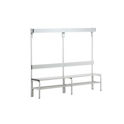 Umkleidebank aus Edelstahl, HxT 1650 x 375 mm L 1500 mm, mit Schuhrost, Hakenleiste mit 6 Haken