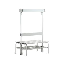 Umkleidebank aus Edelstahl, HxT 1650 x 725 mm L 1015 mm, mit Schuhrost, Hakenleiste mit 6 Haken
