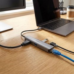 USB-Multi-Port-Adapter | USB 3.2 Gen 1 | USB-C? Stecker | HDMI? Buchse / RJ45 Buchse / 3x USB-A Buchse | 5 Gbps | 0,20 m | Rund | Vergoldet | PVC | Anthrazit | Box