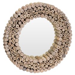 Spiegel mit Teakholz, Wandspiegel mit Teakholzstücken, vertikal, braun, Ø 50 cm