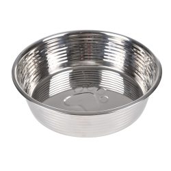 Fressnapf aus Edelstahl, Futternapf mit Rillen und Pfotenmotiv, silber, Ø 17 cm