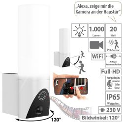 LED-Aussenwandleuchte & WLAN-Full-HD-Kamera, PIR, Nachtsicht, App, IP65