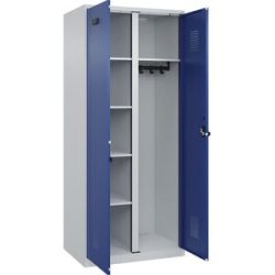Putzmittelspind Evolo PLUS, 1 Abteil, Trennwand mittig, lichtgrau / enzianblau, B 800 mm, mit Bodengleitern, Sicherheits-Drehriegel