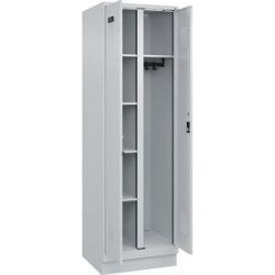 Putzmittelspind Evolo PLUS, 1 Abteil, Trennwand mittig, lichtgrau, B 600 mm, mit Bodensockel, Zylinderschloss