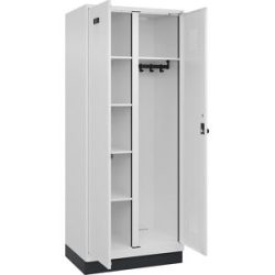 Putzmittelspind Evolo PLUS, 1 Abteil, Trennwand mittig, weiß, B 800 mm, mit Bodensockel, Sicherheits-Drehriegel