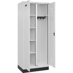 Putzmittelspind Evolo PLUS, 1 Abteil, Trennwand mittig, weiß, B 800 mm, mit Bodensockel, Zylinderschloss