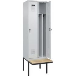 Spind Evolo PLUS mit Trennwand mittig und Sitzbank, 2 Abteile, Trennwand mittig, lichtgrau / lichtgrau, B 600 mm, Sicherheits-Drehriegel, mit auskragender Sitzbank, Buche