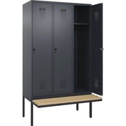 Spind Evolo PLUS Sitzbank, 3 Abteile, grau, B 1200 mm, Sicherheits-Drehriegel, mit auskragender Sitzbank, Buche