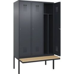 Spind Evolo PLUS mit Trennwand mittig und Sitzbank, 3 Abteile, Trennwand mittig, grau, B 1200 mm, Zylinderschloss, mit auskragender Sitzbank, Buche