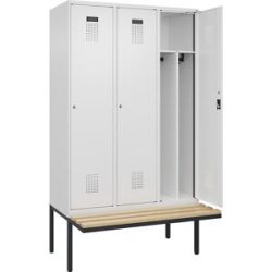 Spind Evolo PLUS mit Trennwand mittig und Sitzbank, 3 Abteile, Trennwand mittig, weiß, B 1200 mm, Zylinderschloss, mit auskragender Sitzbank, Buche