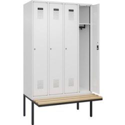 Spind Evolo PLUS Sitzbank, 4 Abteile, weiß, B 1200 mm, Zylinderschloss, mit auskragender Sitzbank, Buche