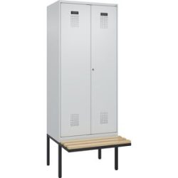 Schwarz-Weiß-Spind Evolo PLUS Sitzbank, 2 Abteile, lichtgrau / lichtgrau, B 800 mm, Zylinderschloss, mit auskragender Sitzbank, Buche