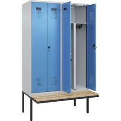 Schwarz-Weiß-Spind Evolo PLUS Sitzbank, 4 Abteile, lichtgrau / lichtblau, B 1200 mm, Sicherheits-Drehriegel, mit auskragender Sitzbank, Buche