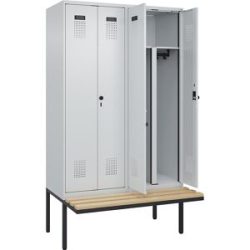 Schwarz-Weiß-Spind Evolo PLUS Sitzbank, 4 Abteile, lichtgrau / lichtgrau, B 1200 mm, Sicherheits-Drehriegel, mit auskragender Sitzbank, Buche