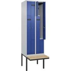 Z-Spind Evolo PLUS Sitzbank, 2 Abteile, lichtgrau / enzianblau, B 600 mm, Zylinderschloss, mit auskragender Sitzbank, Buche