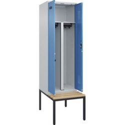 Schwarz-Weiß-Spind Evolo PLUS Sitzbank, 2 Abteile, lichtgrau / lichtblau, B 600 mm, Zylinderschloss, mit untergebauter Sitzbank, Buche