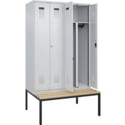 Schwarz-Weiß-Spind Evolo PLUS Sitzbank, 4 Abteile, lichtgrau / lichtgrau, B 1200 mm, Zylinderschloss, mit untergebauter Sitzbank, Buche