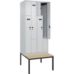 Z-Spind Evolo PLUS Sitzbank, 2 Abteile, lichtgrau / lichtgrau, B 800 mm, Sicherheits-Drehriegel, mit untergebauter Sitzbank, Buche