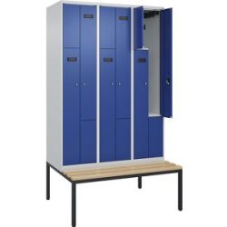 Z-Spind Evolo PLUS Sitzbank, 3 Abteile, lichtgrau / enzianblau, B 1200 mm, Zylinderschloss, mit untergebauter Sitzbank, Buche