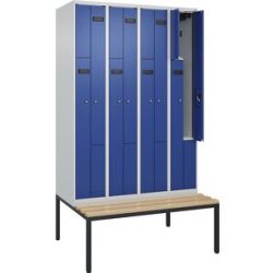 Z-Spind Evolo PLUS Sitzbank, 4 Abteile, lichtgrau / enzianblau, B 1200 mm, Zylinderschloss, mit untergebauter Sitzbank, Buche