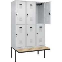 Doppelstock-Spind Evolo PLUS Sitzbank, 3 Abteile, lichtgrau / lichtgrau, B 1200 mm, Sicherheits-Drehriegel, mit auskragender Sitzbank, Buche