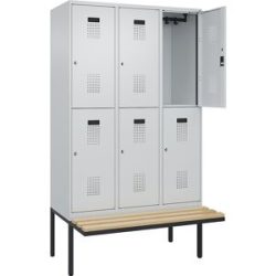Doppelstock-Spind Evolo PLUS Sitzbank, 3 Abteile, lichtgrau / lichtgrau, B 1200 mm, Zylinderschloss, mit auskragender Sitzbank, Buche