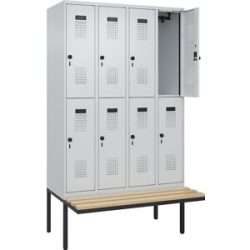 Doppelstock-Spind Evolo PLUS Sitzbank, 4 Abteile, lichtgrau / lichtgrau, B 1200 mm, Sicherheits-Drehriegel, mit auskragender Sitzbank, Buche