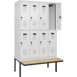 Doppelstock-Spind Evolo PLUS Sitzbank, 4 Abteile, weiß, B 1200 mm, Sicherheits-Drehriegel, mit auskragender Sitzbank, Buche