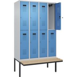Doppelstock-Spind Evolo PLUS Sitzbank, 4 Abteile, lichtgrau / lichtblau, B 1200 mm, Zylinderschloss, mit auskragender Sitzbank, Buche