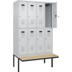 Doppelstock-Spind Evolo PLUS Sitzbank, 4 Abteile, lichtgrau / lichtgrau, B 1200 mm, Zylinderschloss, mit auskragender Sitzbank, Buche