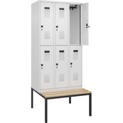 Doppelstock-Spind Evolo PLUS Sitzbank, 3 Abteile, weiß, B 900 mm, Sicherheits-Drehriegel, mit untergebauter Sitzbank, Buche