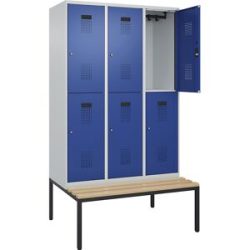 Doppelstock-Spind Evolo PLUS Sitzbank, 3 Abteile, lichtgrau / enzianblau, B 1200 mm, Zylinderschloss, mit untergebauter Sitzbank, Buche