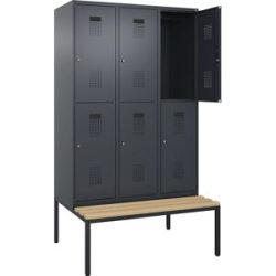 Doppelstock-Spind Evolo PLUS Sitzbank, 3 Abteile, grau, B 1200 mm, Zylinderschloss, mit untergebauter Sitzbank, Buche