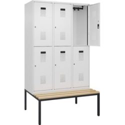 Doppelstock-Spind Evolo PLUS Sitzbank, 3 Abteile, weiß, B 1200 mm, Zylinderschloss, mit untergebauter Sitzbank, Buche