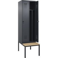 Spind Evolo PLUS mit Trennwand mittig und Sitzbank, 2 Abteile, Trennwand mittig, grau, B 600 mm, Sicherheits-Drehriegel, mit untergebauter Sitzbank, Buche