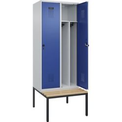 Spind Evolo PLUS mit Trennwand mittig und Sitzbank, 2 Abteile, Trennwand mittig, lichtgrau / enzianblau, B 800 mm, Sicherheits-Drehriegel, mit untergebauter Sitzbank, Buche