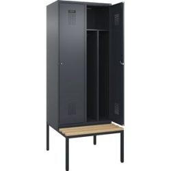 Spind Evolo PLUS mit Trennwand mittig und Sitzbank, 2 Abteile, Trennwand mittig, grau, B 800 mm, Zylinderschloss, mit untergebauter Sitzbank, Buche