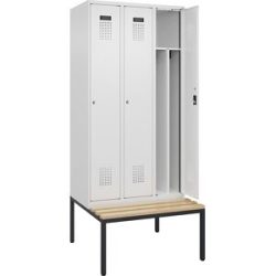 Spind Evolo PLUS mit Trennwand mittig und Sitzbank, 3 Abteile, Trennwand mittig, weiß, B 900 mm, Zylinderschloss, mit untergebauter Sitzbank, Buche