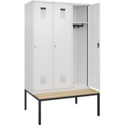 Spind Evolo PLUS Sitzbank, 3 Abteile, weiß, B 1200 mm, Zylinderschloss, mit untergebauter Sitzbank, Buche