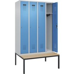 Spind Evolo PLUS Sitzbank, 4 Abteile, lichtgrau / lichtblau, B 1200 mm, Zylinderschloss, mit untergebauter Sitzbank, Buche