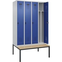 Spind Evolo PLUS mit Trennwand mittig und Sitzbank, 4 Abteile, Trennwand mittig, lichtgrau / enzianblau, B 1200 mm, Sicherheits-Drehriegel, mit untergebauter Sitzbank, Buche