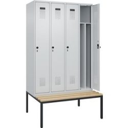 Spind Evolo PLUS mit Trennwand mittig und Sitzbank, 4 Abteile, Trennwand mittig, lichtgrau / lichtgrau, B 1200 mm, Sicherheits-Drehriegel, mit untergebauter Sitzbank, Buche