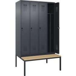 Spind Evolo PLUS mit Trennwand mittig und Sitzbank, 4 Abteile, Trennwand mittig, grau, B 1200 mm, Sicherheits-Drehriegel, mit untergebauter Sitzbank, Buche