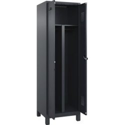 Schwarz-Weiß-Spind Evolo PLUS, 1 Abteil, Trennwand mittig, grau, B 600 mm, mit breiten Füßen, Sicherheits-Drehriegel