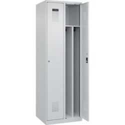 Spind Evolo PLUS Trennwand mittig, 2 Abteile, lichtgrau, B 600 mm, mit Bodengleitern, Zylinderschloss